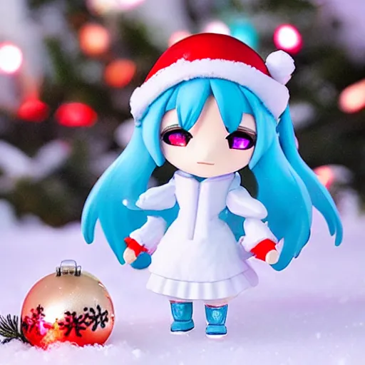 Image similar to snow miku nendroid pvc, christmas lights and snow in the background