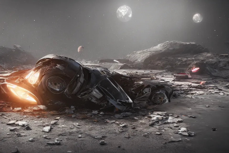 Prompt: road wreckage floating in space, dark cinematic, volumetric, realistic, 3 d render, realistic render, cinematic lighting, volumetric lighting, atmospheric, cinematic, unreal engine 5, unreal engine render, octane render, hd, photorealism, hyper realistic, 8 k