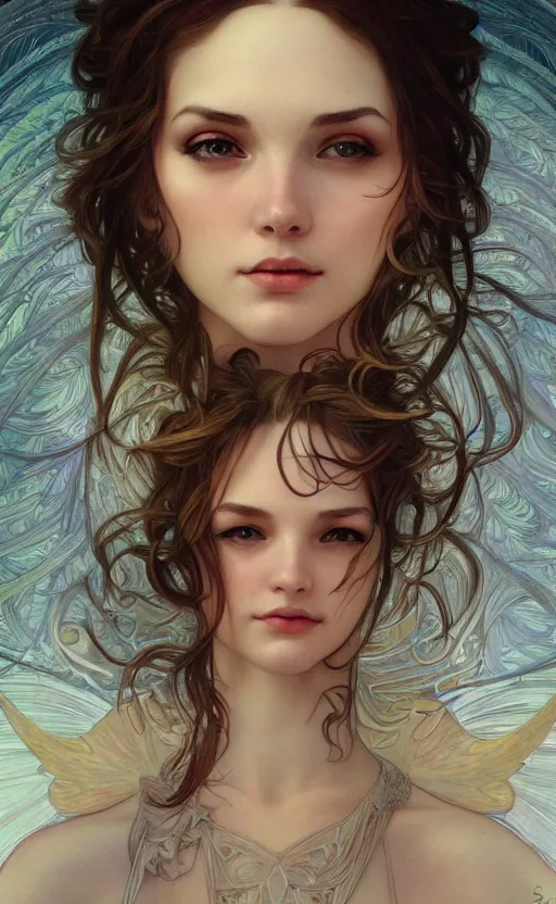 Image similar to a photograpic portrait of a pretty woman, angel, fantasy, intricate, elegant, highly detailed, digital painting, artstation, centered, concept art, smooth, sharp focus, arc, illustration, art by artgerm and alphonse mucha