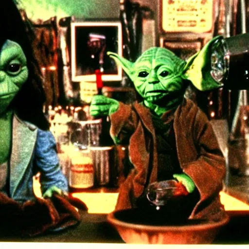 Image similar to 3 5 mm film slide of steven spielberg directed scene of a yoda smoking a bong inside a yoda themed bong and weed shop.