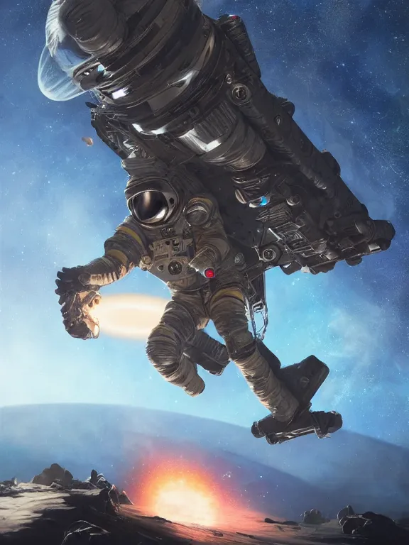 Image similar to photo of 8k ultra realistic astronaut riding an asteroids, nasa, clear sky, full of colour, cinematic lighting, battered, trending on artstation, 4k, hyperrealistic, focused, extreme details,unreal engine 5, cinematic, masterpiece, art by Peter Mohrbacher