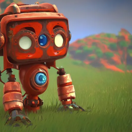 Image similar to a cute rusty robot in breath of the wild, anime, 3 d render, octane