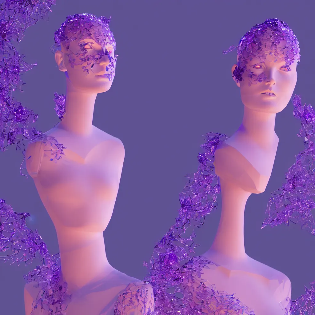 Image similar to beautiful mannequin sculpted out of amethyst by billelis + lit with 3 d geometric neon + facing a doorway opening with neon pink geometric fractal light + flowering hosta plants!!!, moon in background!, rule of thirds, clean linework, dramatic, award winning, 4 k, trending on artstation, photorealistic, volumetric lighting, octane render