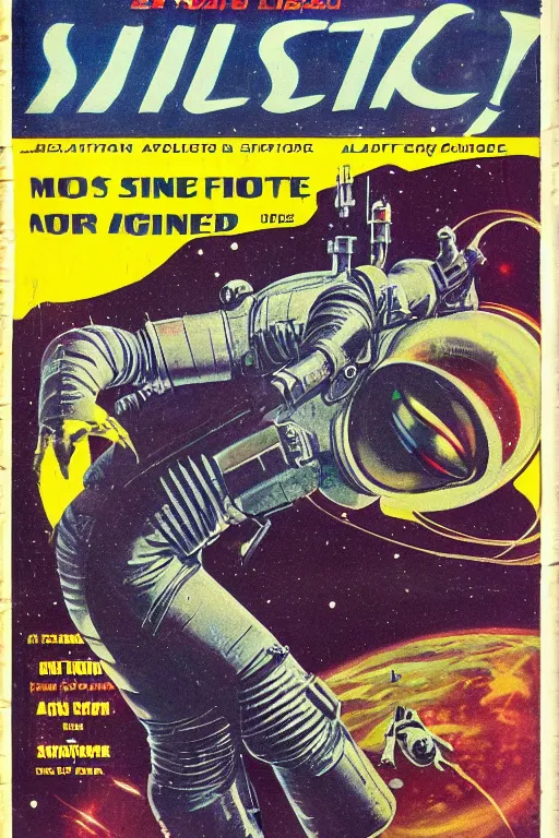 Image similar to photo of poor condition vintage pulp scifi science fiction magazine cover space lunacy, showing men wearing space suits shooting laser guns at a monster on an alien planet, only c 7 5, 4 k, high def