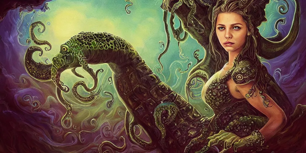 Image similar to Fantasy fairytale style portrait painting, Great Leviathan Turtle, cephalopod, Cthulhu Squid, hybrid, Mythic Island, center Universe, accompany Cory Chase, Blake Lively, Anya_Taylor-Joy, Grace Moretz, Halle Berry, Mystical Valkyrie, Anubis-Reptilian, Atlantean Warrior, hybrid, intense fantasy atmospheric lighting, hyperrealistic, William-Adolphe Bouguereau, François Boucher, Jessica Rossier, Michael Cheval, Oil Painting, Cozy, hot springs hidden Cave, candlelight, natural light, lush plants and flowers, Spectacular Mountains, bright clouds, luminous stellar sky, outer worlds, michael whelan, Solar Flare HD,