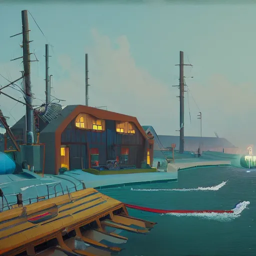 Image similar to yachting club by simon stalenhag