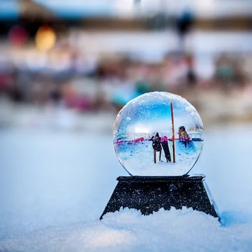 Prompt: snow globe with beach volleyball inside, depth of field, award winning photo