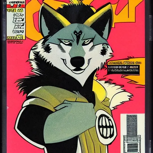 Image similar to 1 9 8 0 s comic book cover scan featuring a portrait of villain male wolf o'donnell anthropomorphic wolf furry fursona from starfox wearing a dark space mercenary uniform, dark grey wolf, handsome eyes, wolf o'donnell