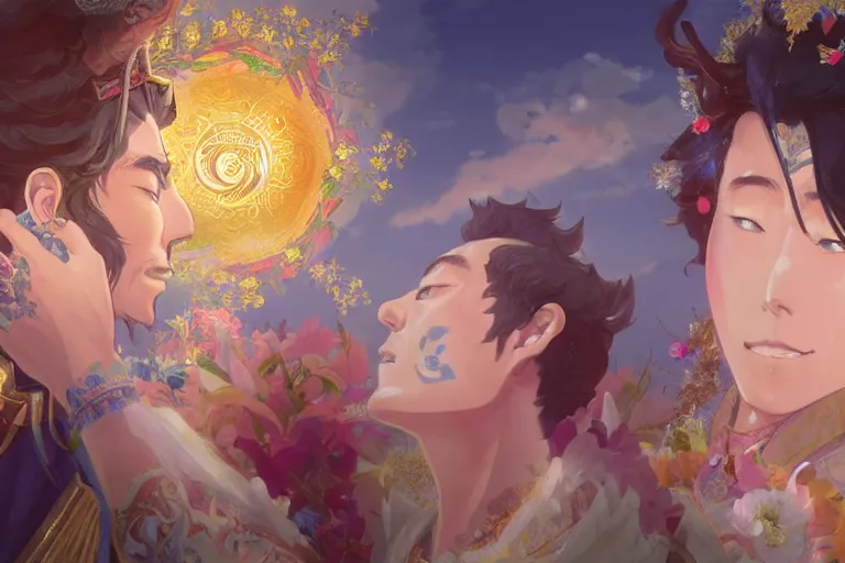 Image similar to close up moment of a divine a japan sun god and a moon goddess lovers magician at a wedding banquet, highly detailed, d & d, fantasy, 4 k realistic, digital painting, trending on artstation, concept art, sharp focus, illustration, art by makoto shinkai and akihiko yoshida and daniel gerhartz