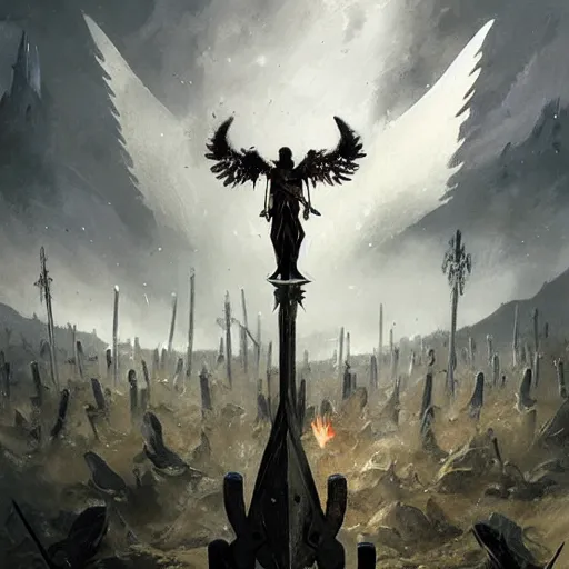 Prompt: valkyrie graveyard resembling the ace of swords tarot card by greg rutkowski