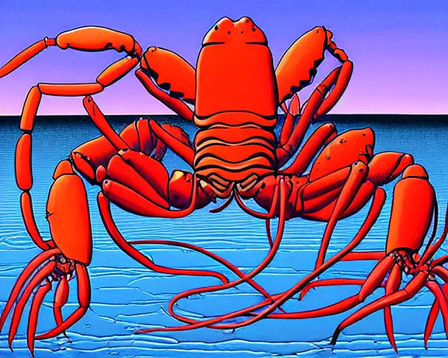 Prompt: Painting of lobster demons by Guy Billout