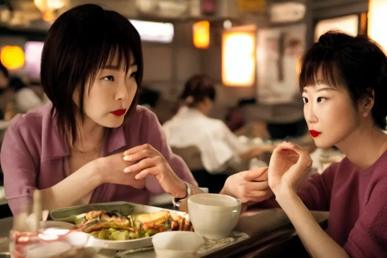 Image similar to movie interior closeup beautiful Japanese model lesbian couple closeup sitting and talking at 50s diner, night in the city, beautiful skin, by Emmanuel Lubezki