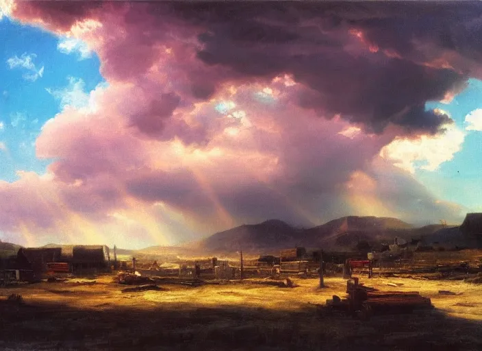 Prompt: oil painting of american old west town, harbour, dramatic storm clouds, dusty street, sunrays, dramatic, very very very beautiful art, cinematic lighting, romanticism by goya, bright art, pastel color, pink and blue sky, sunny summer day, tall mountains