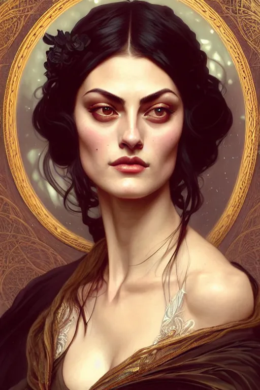 Image similar to Phoebe Tonkin dressed in Victorian fashion, D&D, fantasy, intricate, elegant, highly detailed, digital painting, artstation, concept art, matte, sharp focus, illustration, art by Artgerm and Greg Rutkowski and Alphonse Mucha