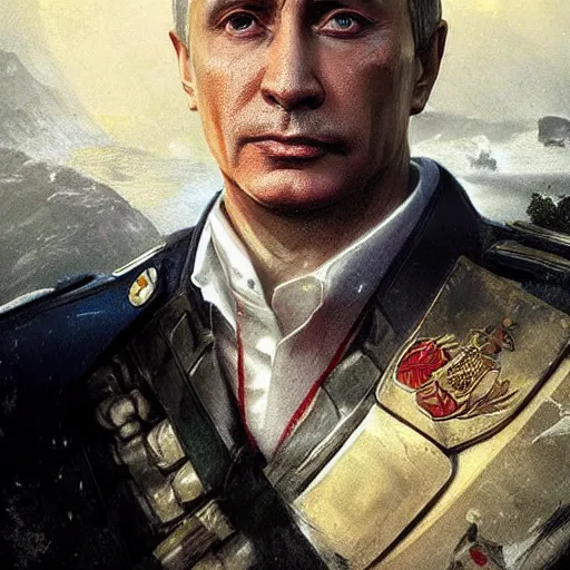 Image similar to Vladimir Putin as General Sebastiano Di Ravello from Just Cause 2 game, portrait, highly detailed, digital painting, artstation, concept art, smooth, sharp focus, illustration, cinematic lighting, art by artgerm and greg rutkowski and alphonse mucha