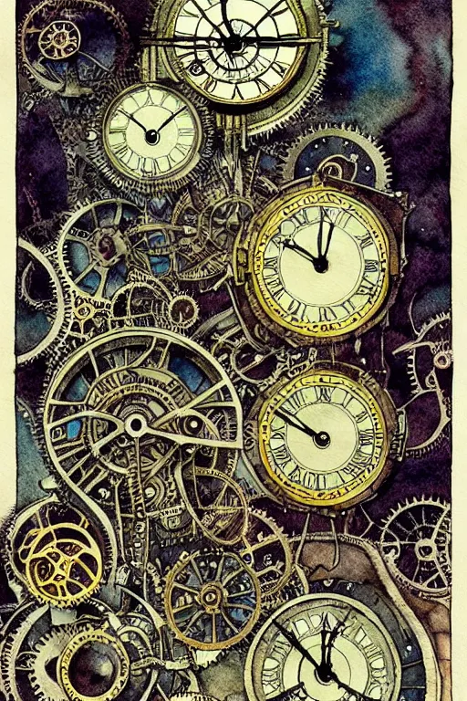 Prompt: steampunk gears, and eternal clock, inside an open book, dark and gothic, full frame, art by kay nielsen and walter crane, illustration style, watercolor
