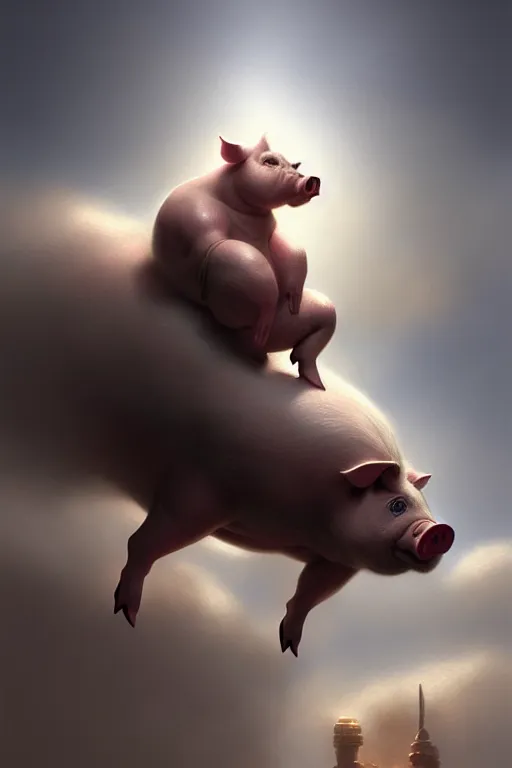 Image similar to Pig mixed with a greek god sitting in the clouds, very detailed, dramatic lighting, electrical details, high details, 4k, 8k, trending on artstation, by Greg Rutkowski, Wayne Barlowe, Hajime Sorayama and Boris Vallejo