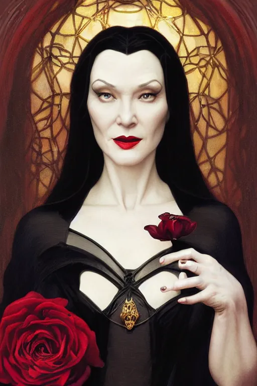 Image similar to catherine o'hara as morticia addams, masterpiece, intricate, elegant, highly detailed, digital painting, artstation, concept art, smooth, sharp focus, illustration, art by artgerm and greg rutkowski and alphonse mucha and uang guangjian and gil elvgren and sachin teng, symmetry!!