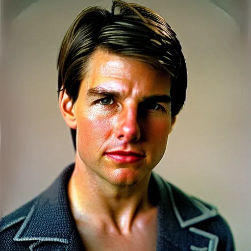 Image similar to a portrait photo of 20 year old tom cruise, with a sad expression, looking forward