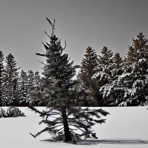 Prompt: artistic pine tree on a winter day