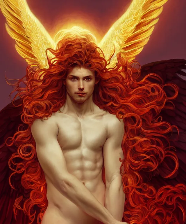 Image similar to symmetrical fullbody portrait of a beautiful young fit male angel with curly blond hairs, full dressed in long fluent red clothes, majestic big demon wings, luminous fire halo, by greg rutkowski and alphonse mucha, gradient white to gold, in front of an hellish background, highly detailed portrait, digital painting, artstation, concept art, smooth, sharp focus illustration