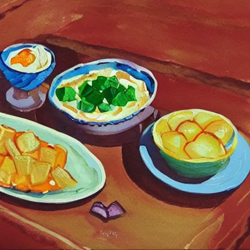 Image similar to Delicious meze platter. Gouache painting by studio Ghibli.