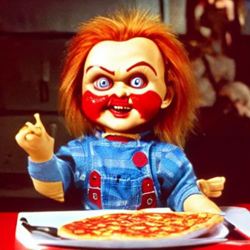 Image similar to Chucky the killer doll from the movie Child's Play eating Pizza at Pizza Hut