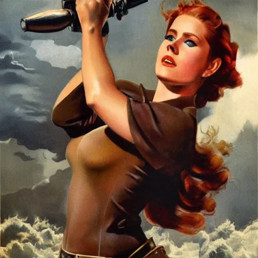 Prompt: ultra realistic portrait painting of amy adams as an android cowgirl, art by frank frazetta, vintage levi ’ s ad, stormy weather, dark vibes, 4 k, ultra realistic, highly detailed, epic lighting