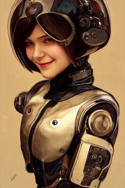 Prompt: a portrait of a cute female robot wearing a leather motorcycle jacket, intricate mechanical parts, smiling face, upbeat expression, bob cut hair, close - up, cinematic, intricate details and textures, soft lighting, epic pose, by artgerm, greg rutkowski, alphonse mucha, 8 k