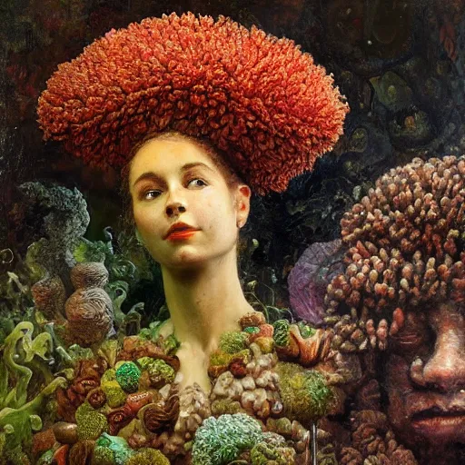 Image similar to a sculpture portrait made of smoke mushrooms and coral reefs and crystals and plants, painting part by wojciech siudmak, part by ilya repin, part by max ernst, part by norman rockwell, artstation