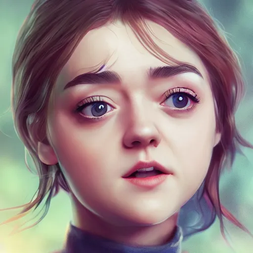 Image similar to realistic detailed semi-realism beautiful gorgeous natural cute excited happy Maisie Williams 4K high resolution quality artstyle professional artists WLOP, Aztodio, Taejune Kim, Guweiz, Pixiv, Instagram, Artstation