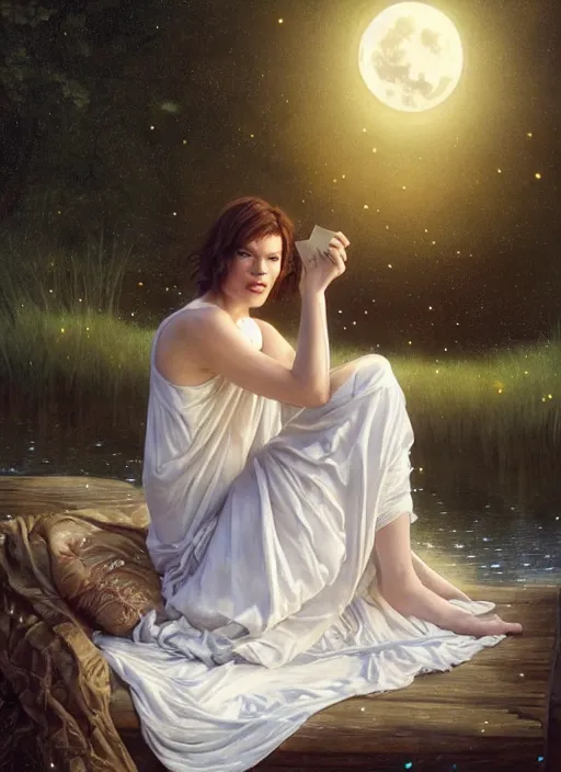 Prompt: milla jovovich in white nightgown reading a book by a river, full moon in a dark starry sky, golden orbs and fireflies, illustration, dramatic lighting, soft details, painting oil on canvas, art nouveau, octane render, 8 k, by edmund blair leighton, brom, charlie bowater, trending on artstation, faces by tom bagshaw, sargent