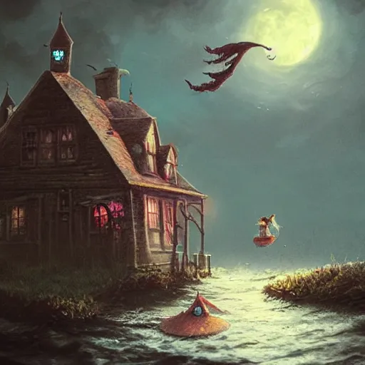 Image similar to a scary witch in front of a witch house made out of candy, floating on the ocean, epic scene, fantasy, cinematic, hyper - detailed, in the style of greg rutkowski