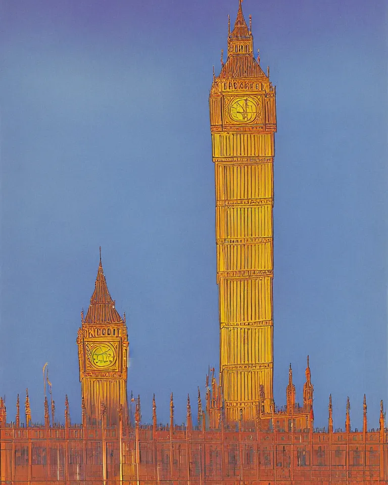 Prompt: city of london, london bridge, big ben, art by hiroshi nagai