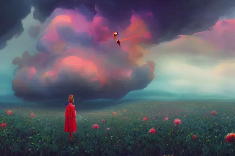 Image similar to closeup giant dahlia flower as head, girl standing on mountain, surreal photography, blue storm clouds, dramatic light, impressionist painting, digital painting, artstation, simon stalenhag