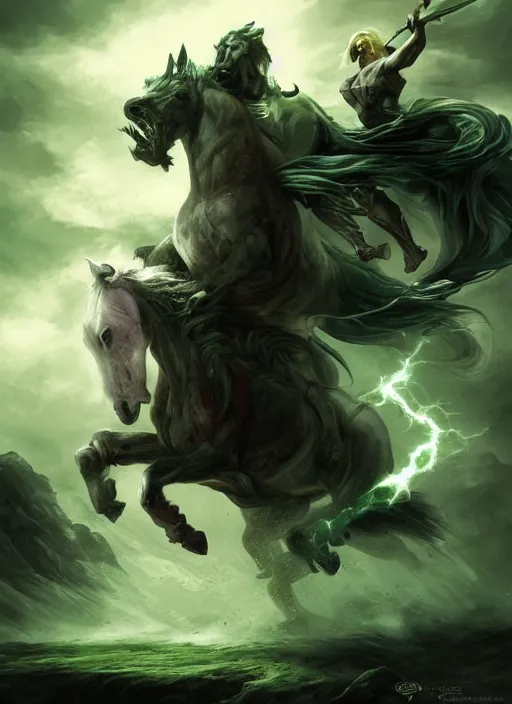 Image similar to the singular horseman of the apocalypse is riding a strong fierce ferocious undead green stallion, horse is up on its hind legs, the strong male rider is death with a scithe, beautiful artwork by artgerm and rutkowski, breathtaking, beautifully lit, dramatic