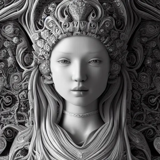 Image similar to wonderful princess made of marble, beautiful face, hyper detailed, flowing psychadelic background intricate and detailed, ornate 8 k gorgeous intricate detailed, octane render, black and white