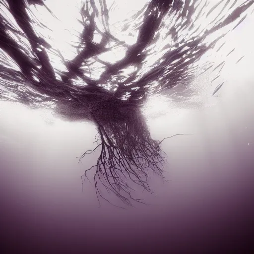 Prompt: roots underwater, award winning cyan and white photography, high contrast, high definition