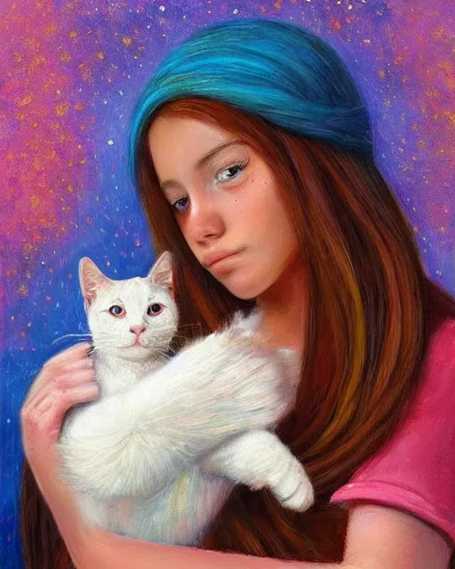 Prompt: a woman with freckled hair holding a cat, a photorealistic painting by Lilia Alvarado, pinterest, art photography, complementary colors, enchanting, lovely