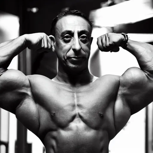 Prompt: photo of a close portrait of eric zemmour as a bodybuilder, studio lightning, 4 k, highly detailled