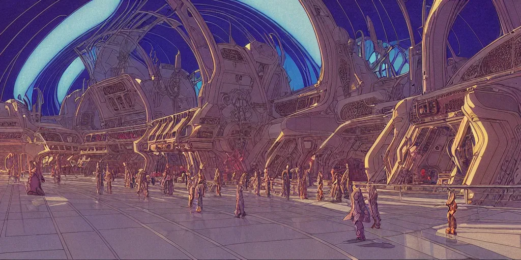 Image similar to cel shaded cinematic shot of the interior of a sci-fi space station with ornate Elven architecture bustling with people, epic castle, emerald, crystalline, detailed illustration, sharp focus, crisp lines, art by Moebius, Jean Giraud Moebius comic illustration