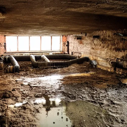 Image similar to underground bunker, flooded, dirty water, rusty pipes