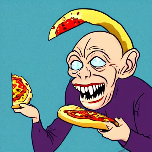 Image similar to a caricature drawing of gollum being eaten by a pizza