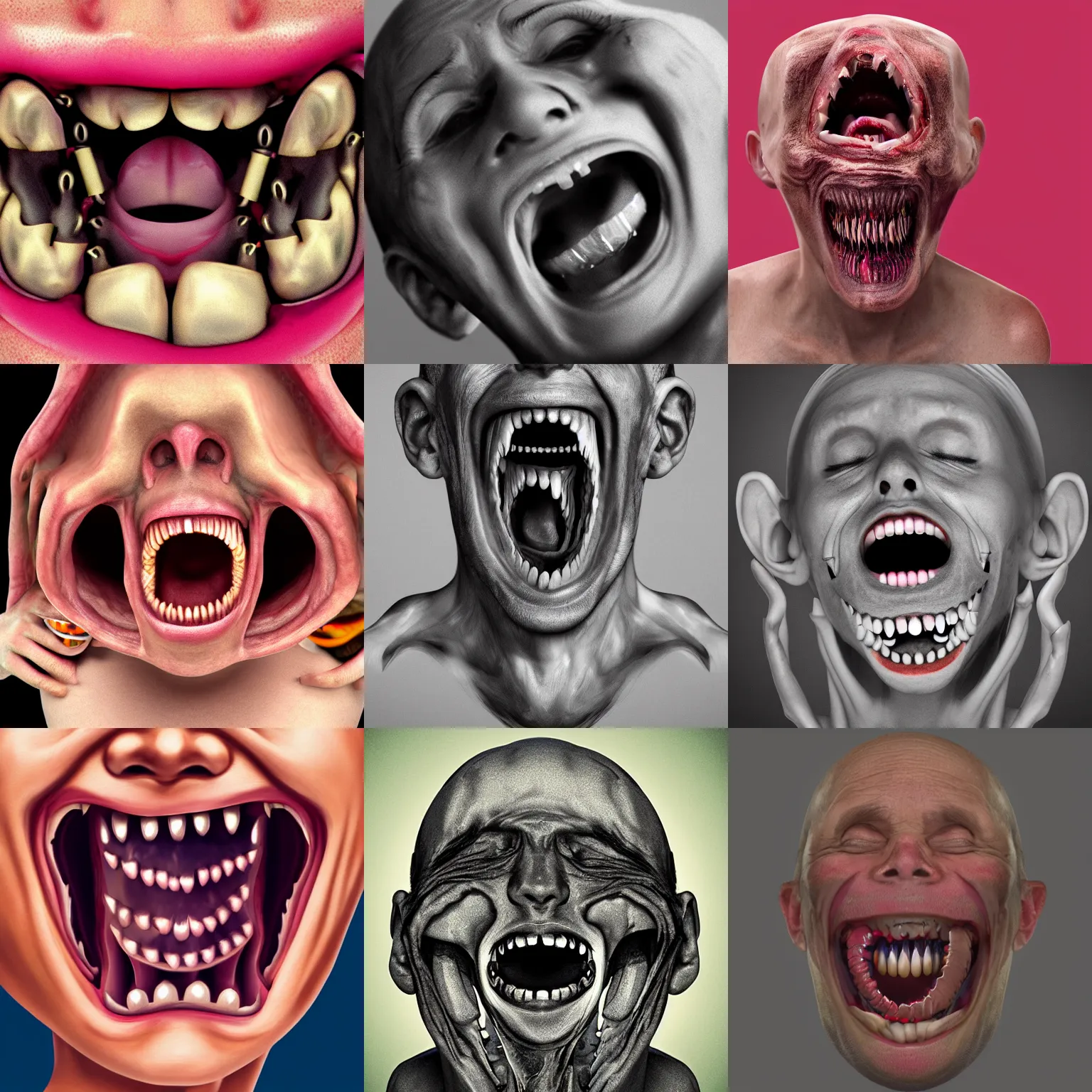 Prompt: screaming face, hyper exaggerated, surrealist body horror, many teeth 4k