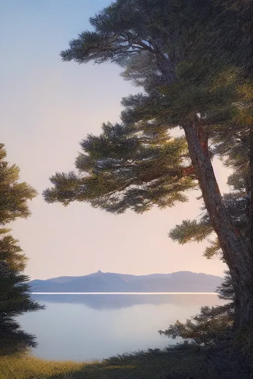 Image similar to digital matte landscape of pine trees reflecting on the lake by james gurney and greg rutkowski, artstation