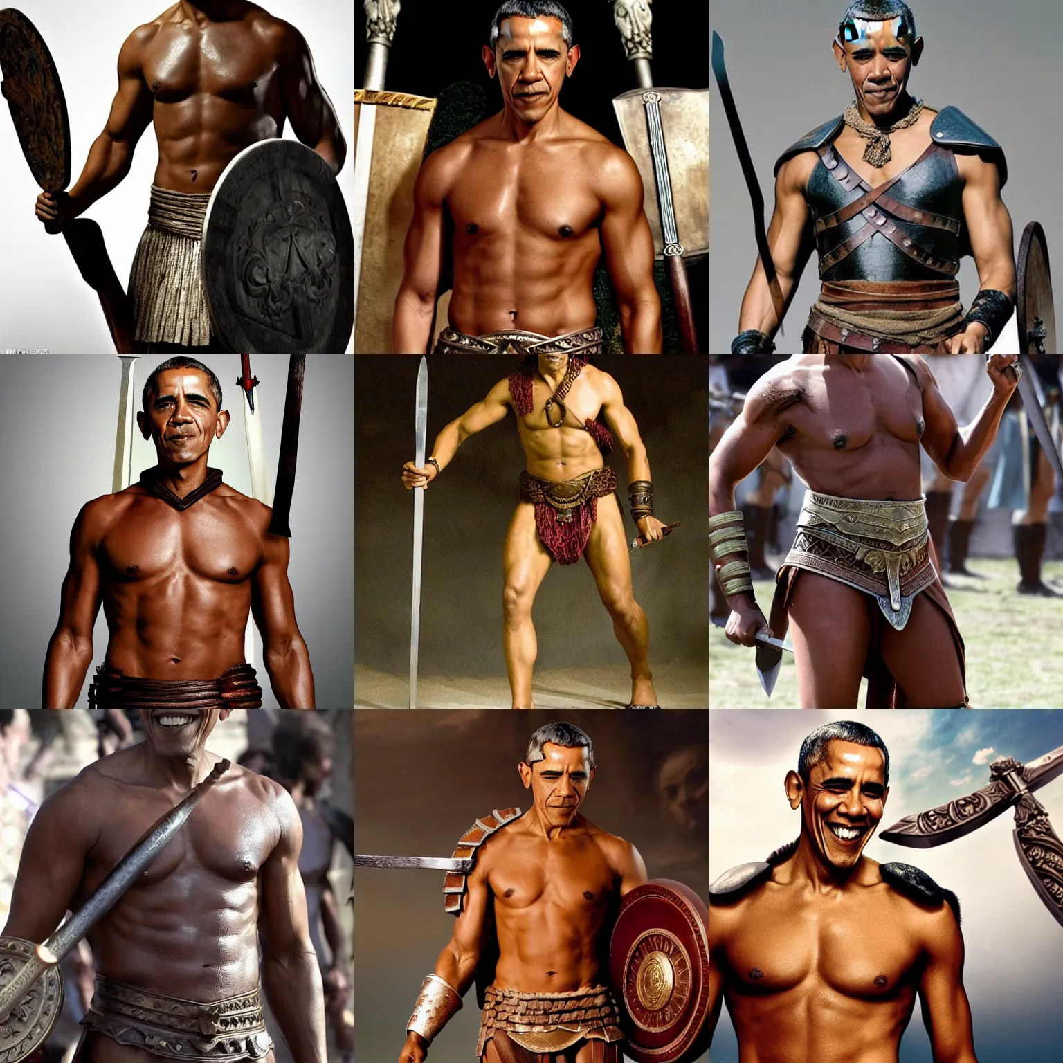 Prompt: obama as a gladiator from spartacus, wielding sword and shield, bare muscular chest