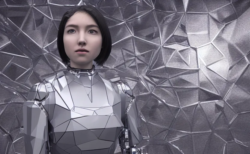 Prompt: young female agi in her 20s made out of low poly, kevlar, octa core, watercooled plates with crystal elements as a power source and an arctic-based, geometric backdrop; led, robotic, abstract, front profile shot, cycles render, 4k