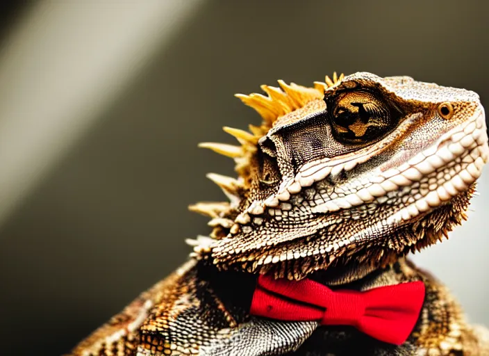 Image similar to dslr portrait still of a bearded dragon wearing a top hat and a red bowtie, 8 k 8 5 mm f 1. 4