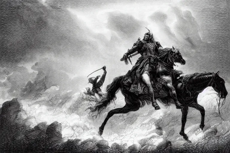 Prompt: A huge rider on a horse rides through epic storm, Gustave Dore lithography