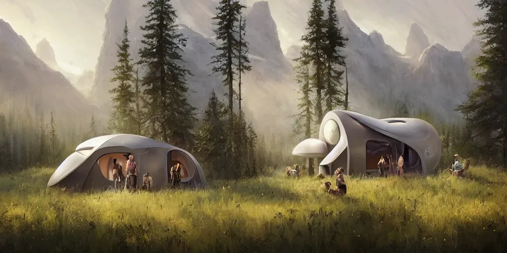 Prompt: cabela's tent futuristic pop up family pod, cabin, modular, person in foreground, mountainous forested wilderness open fields, beautiful views, painterly concept art, joanna gaines, environmental concept art, farmhouse, magnolia, concept art illustration by ross tran, by james gurney, by craig mullins, by greg rutkowski trending on artstation